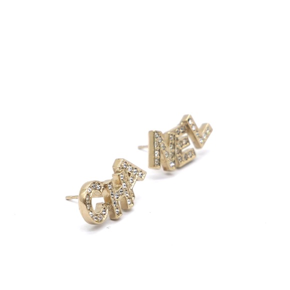 CHANEL Gold Metal And Crystal Logo Letter Stud Earrings - Picture 2 of 7
